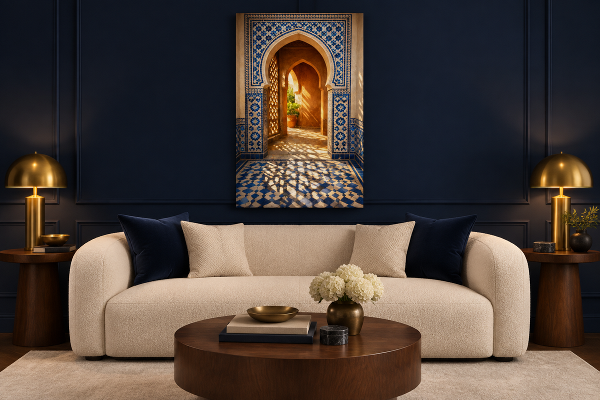 Moroccan archway with blue tile shadows portrait canvas displayed above a cream sofa in a navy living room - Portugal Canvas Co