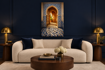 Moroccan archway with blue tile shadows portrait canvas displayed above a cream sofa in a navy living room - Portugal Canvas Co