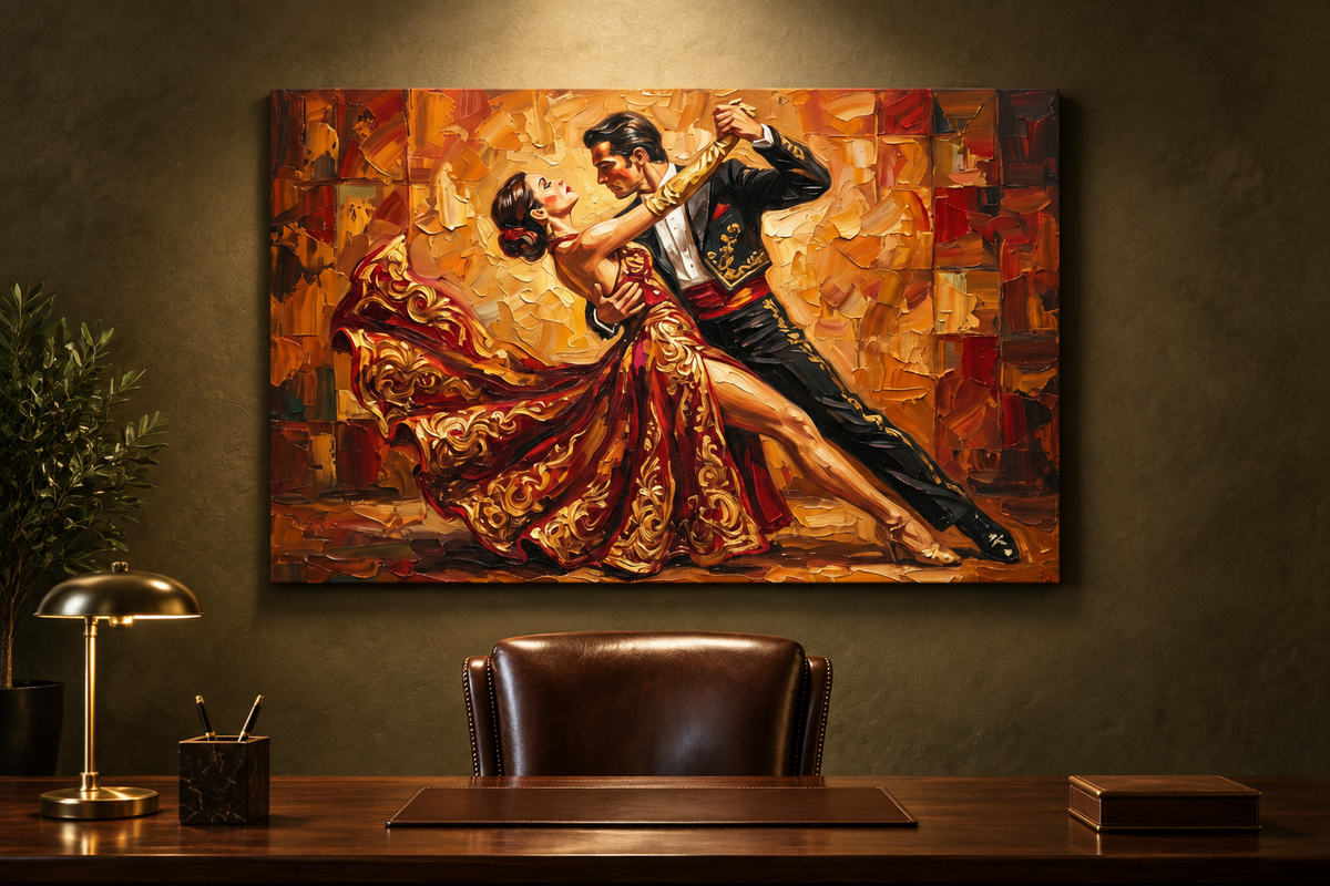 Ornate red and gold tango couple canvas displayed in a sophisticated home office - Portugal Canvas Co
