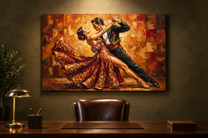Ornate red and gold tango couple canvas displayed in a sophisticated home office - Portugal Canvas Co