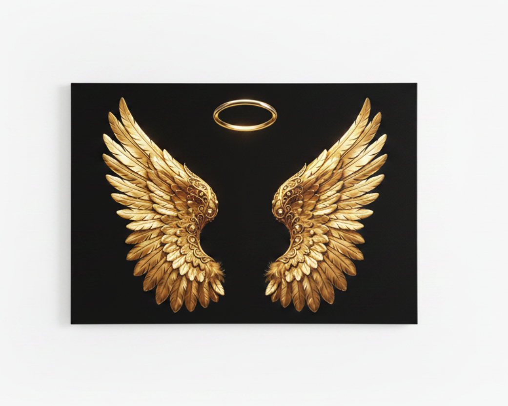 Golden angel wings with glowing halo canvas wall art print on black background flat lay on white background - Portugal Canvas Co
