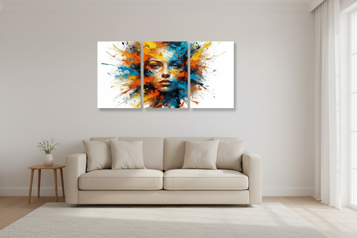 Abstract female portrait triptych canvas set displayed in a bright minimalist living room with beige sofa and wooden floor - Portugal Canvas Co