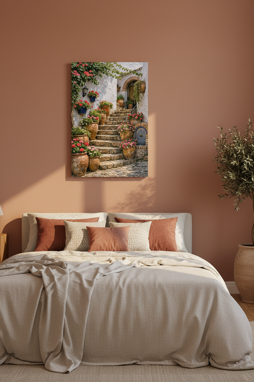Mediterranean staircase canvas wall art with terracotta pots and pink geraniums hung on a warm terracotta wall above a linen bed with terracotta cushions in an elegant bedroom - Portugal Canvas Co