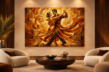 Golden dancing couple canvas displayed in a luxury boutique hotel lounge - Portugal Canvas Co