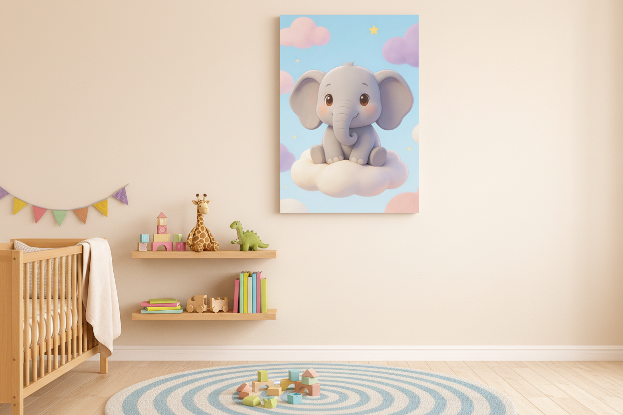 Cute elephant on cloud canvas wall art displayed in a bright children's bedroom with playful decor - Portugal Canvas Co