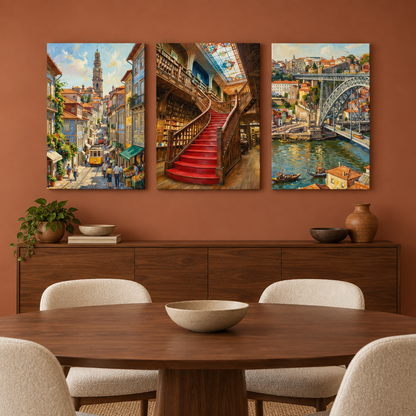 Porto three-panel canvas set showing a tram, Lello Bookstore staircase and Dom Luís Bridge in a terracotta dining room - Portugal Canvas Co