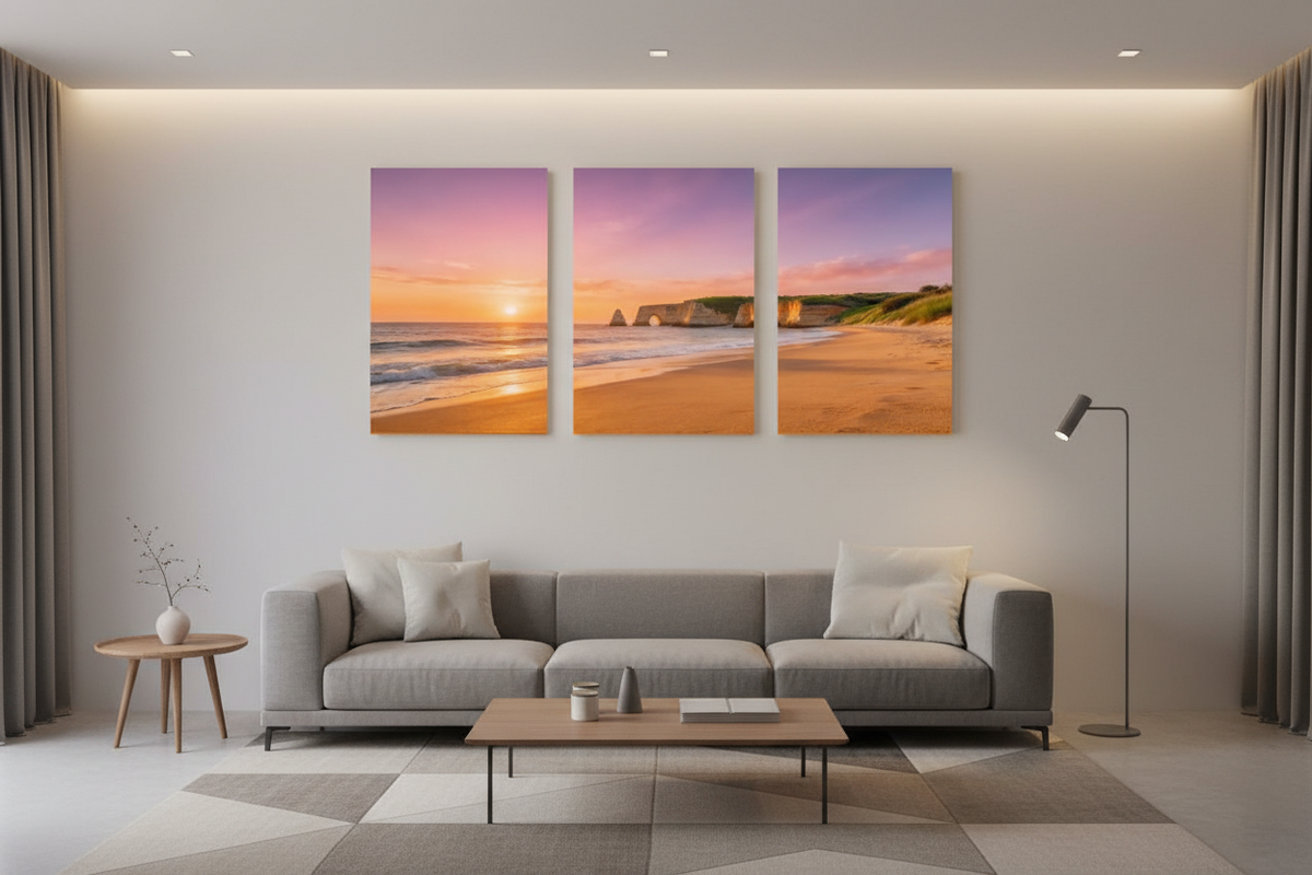 Algarve beach sunset triptych canvas wall art displayed above a grey sofa in a modern living room - Portugal Canvas Co