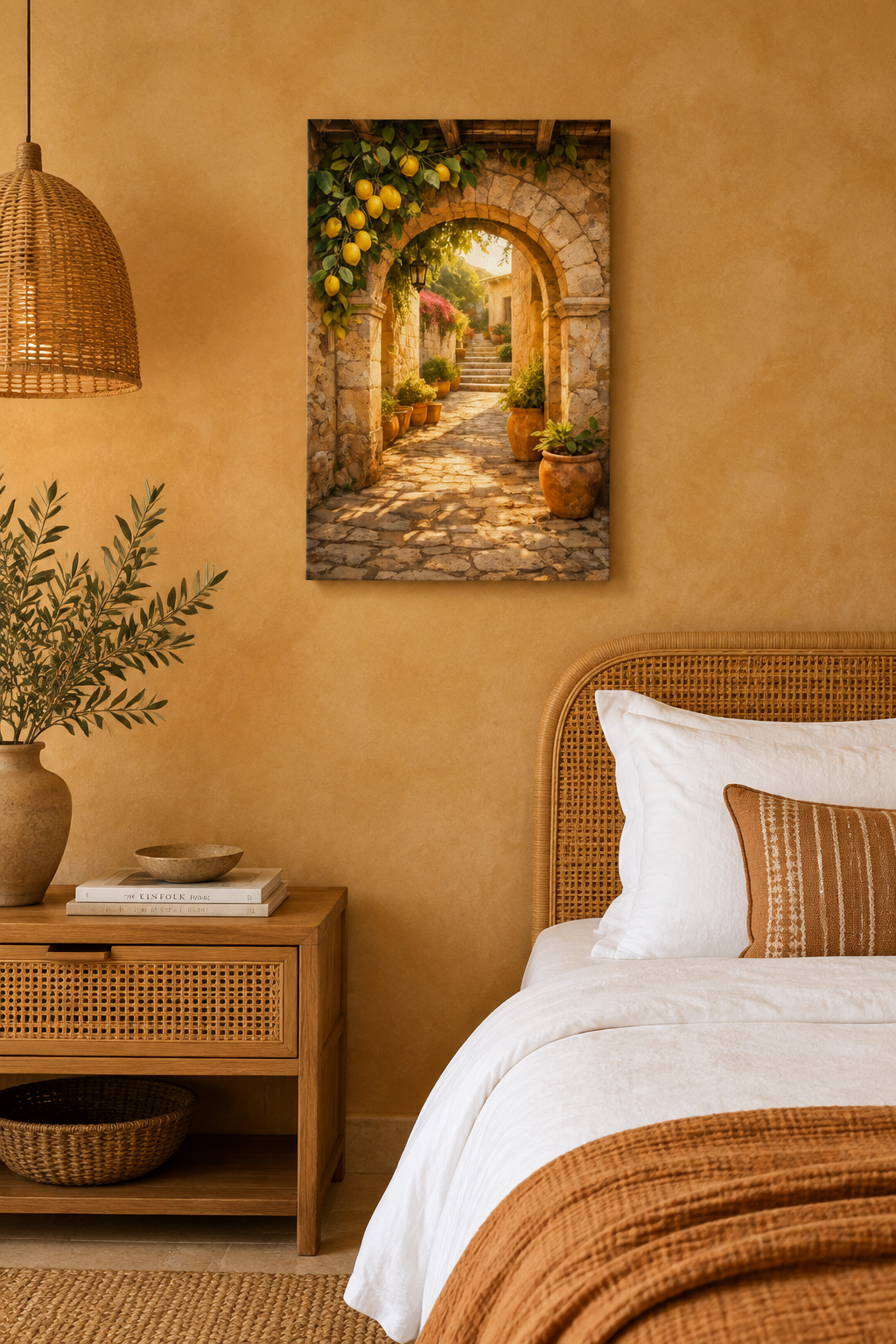 Mediterranean lemon archway canvas print above a bed in an ochre boutique hotel bedroom - Portugal Canvas Co