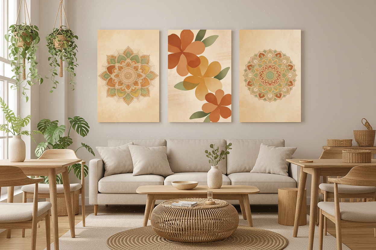 Boho mandala triptych canvas wall art set displayed on the wall of a bright boho café with wooden furniture and hanging plants - Portugal Canvas Co