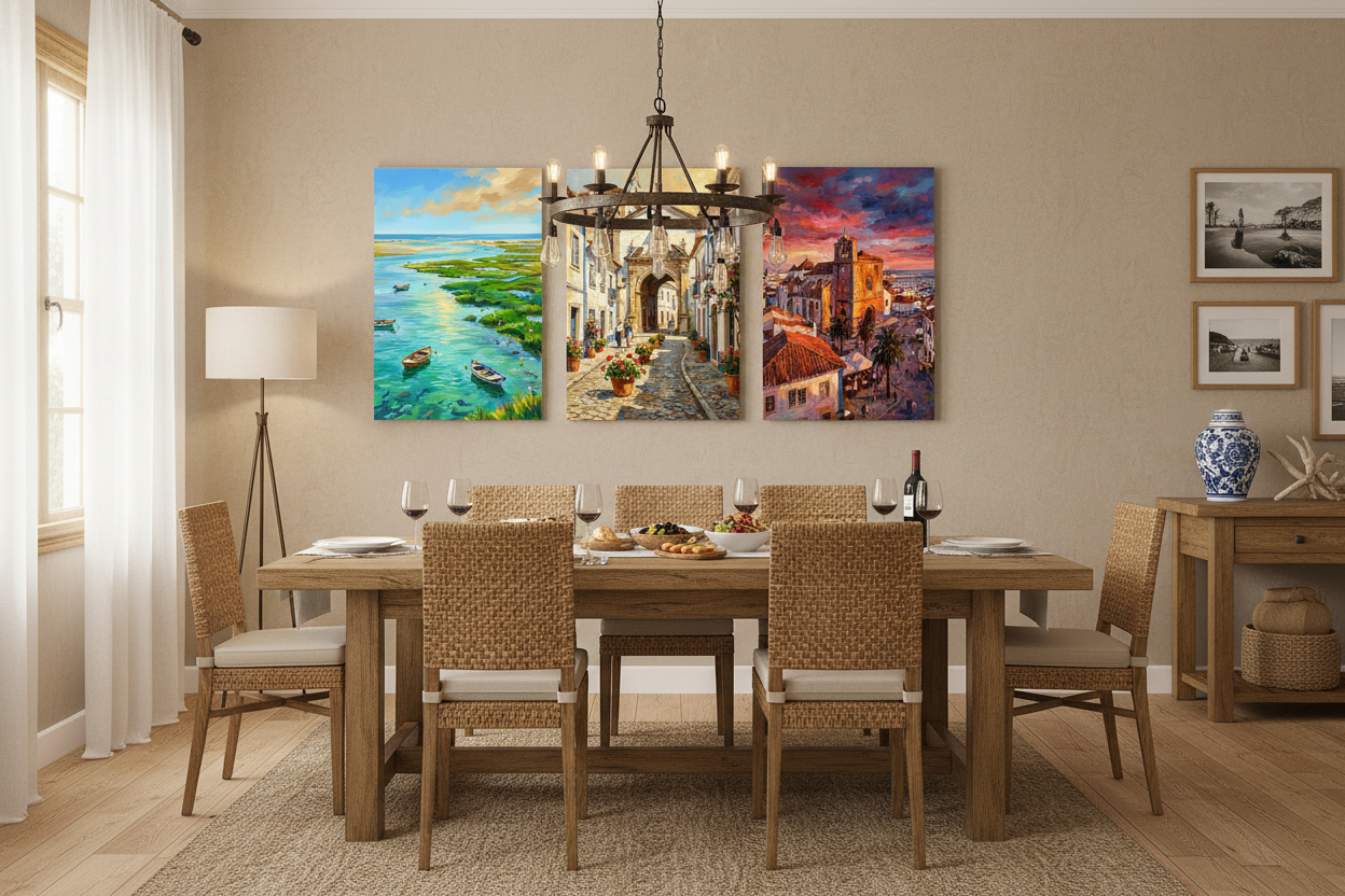 Faro Portugal triptych canvas wall art set displayed in a warm rustic dining room interior - Portugal Canvas Co