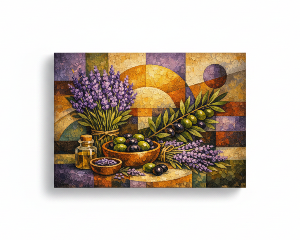 Lavender and olives cubist still life canvas wall art on white background - Portugal Canvas Co