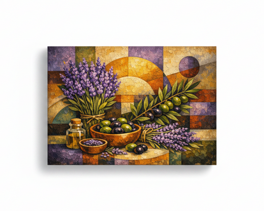 Lavender and olives cubist still life canvas wall art on white background - Portugal Canvas Co