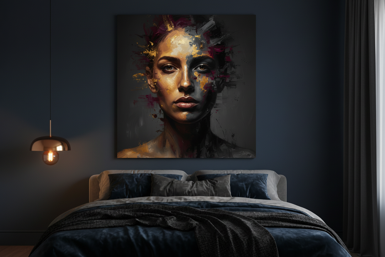 Golden expressionist dark portrait woman canvas wall art on a navy wall in a dramatic moody bedroom with gold lamp - Portugal Canvas Co