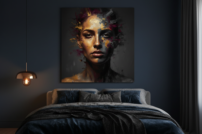 Golden expressionist dark portrait woman canvas wall art on a navy wall in a dramatic moody bedroom with gold lamp - Portugal Canvas Co