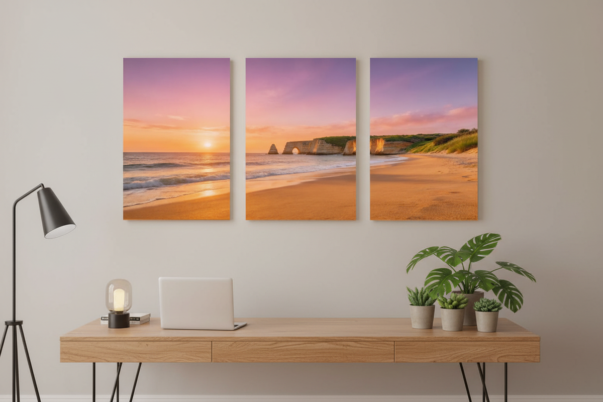 Algarve beach sunset triptych canvas wall art displayed in a stylish home office - Portugal Canvas Co