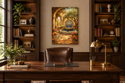 Mediterranean courtyard fountain canvas wall art above a leather desk chair in a refined home office study - Portugal Canvas Co
