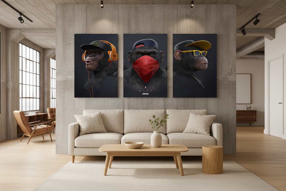 3 Wise Swag monkey triptych canvas prints on a concrete wall in a modern urban loft apartment with warm ambient lighting - Portugal Canvas Co