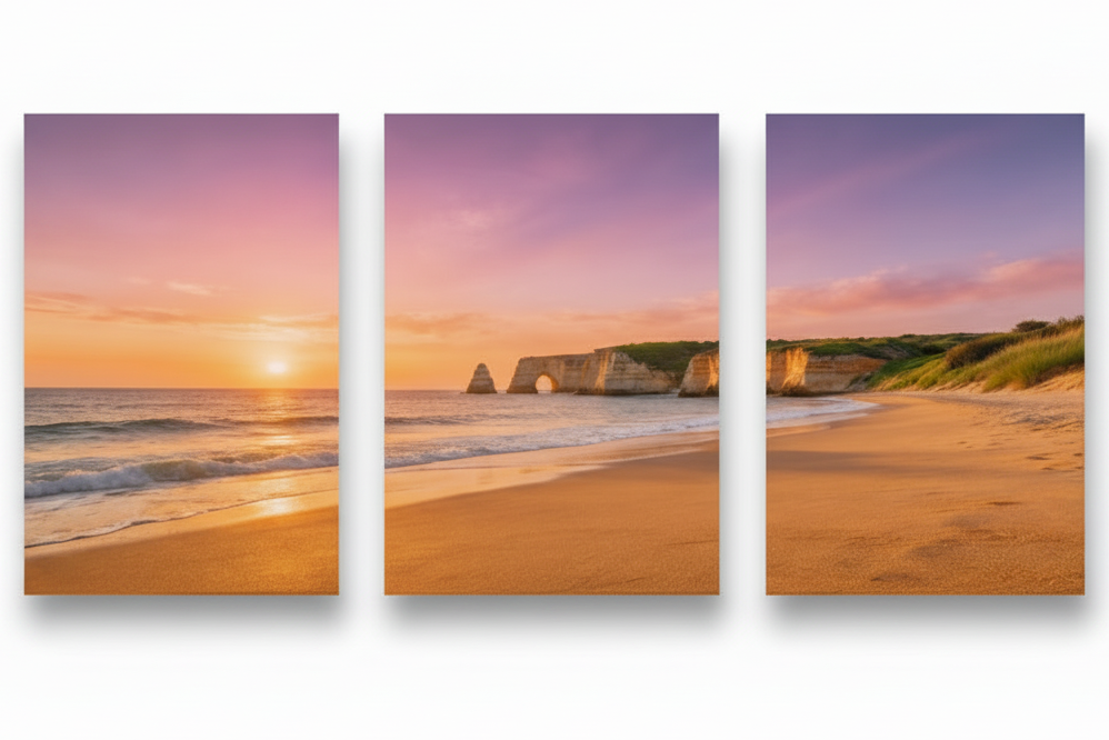 Algarve sunset beach triptych canvas on a pure white background - Portugal Canvas Co