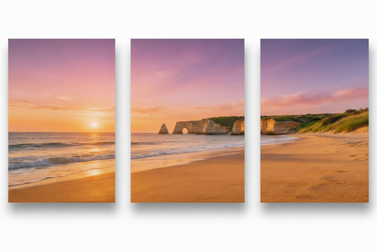 Algarve sunset beach triptych canvas on a pure white background - Portugal Canvas Co