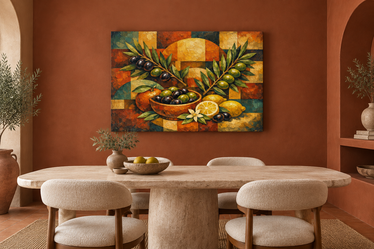 Olives and citrus gallery-wrapped canvas in terracotta dining room - Portugal Canvas Co
