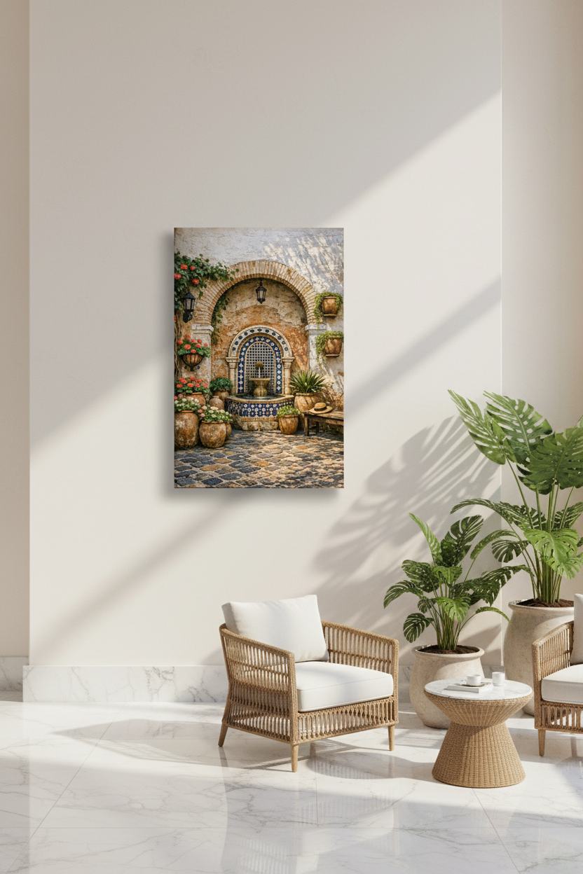 Mediterranean courtyard fountain canvas wall art displayed on a white wall in an elegant boutique hotel lobby with marble floors and rattan furniture - Portugal Canvas Co