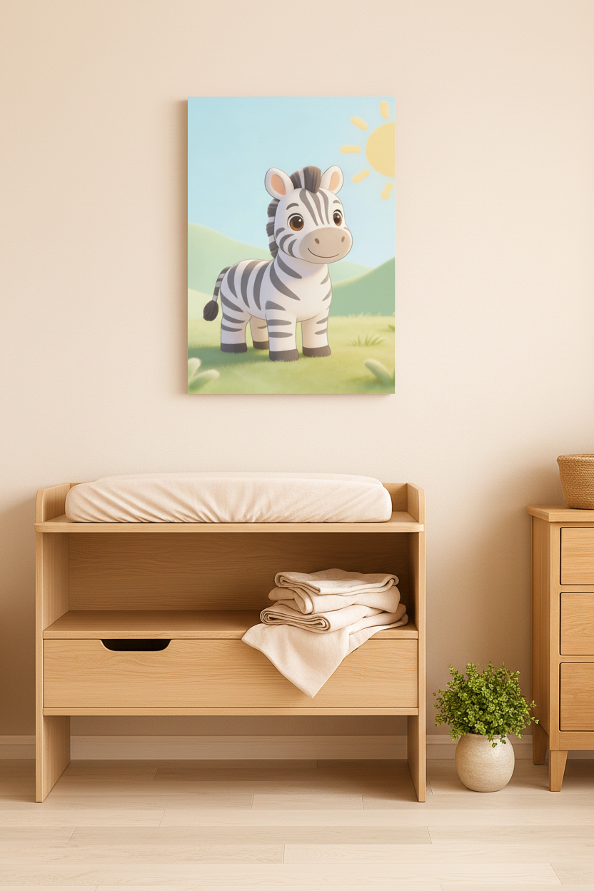 Cute baby zebra nursery canvas wall art on a pastel yellow nursery wall above a changing table - Portugal Canvas Co