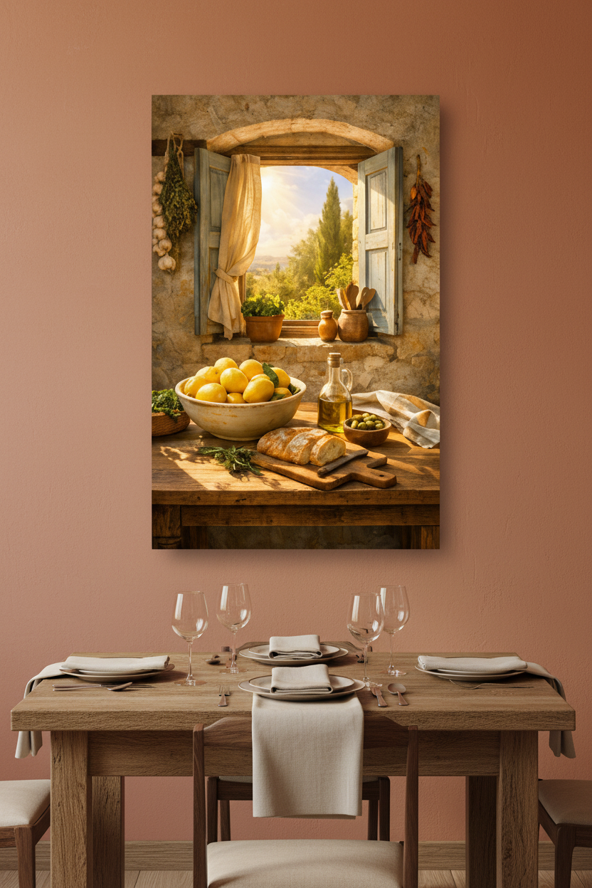 Mediterranean kitchen still life canvas wall art displayed above a farmhouse dining table set for dinner in golden hour light - Portugal Canvas Co