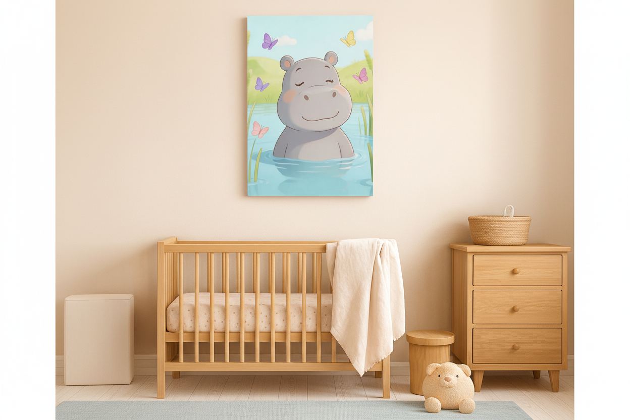 Cute hippo canvas wall art displayed in a soft pastel blue nursery room above a wooden crib - Portugal Canvas Co