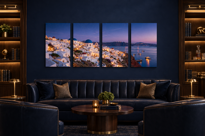 Four-panel Santorini Oia twilight canvas above a leather sofa in a navy and walnut private club - Portugal Canvas Co