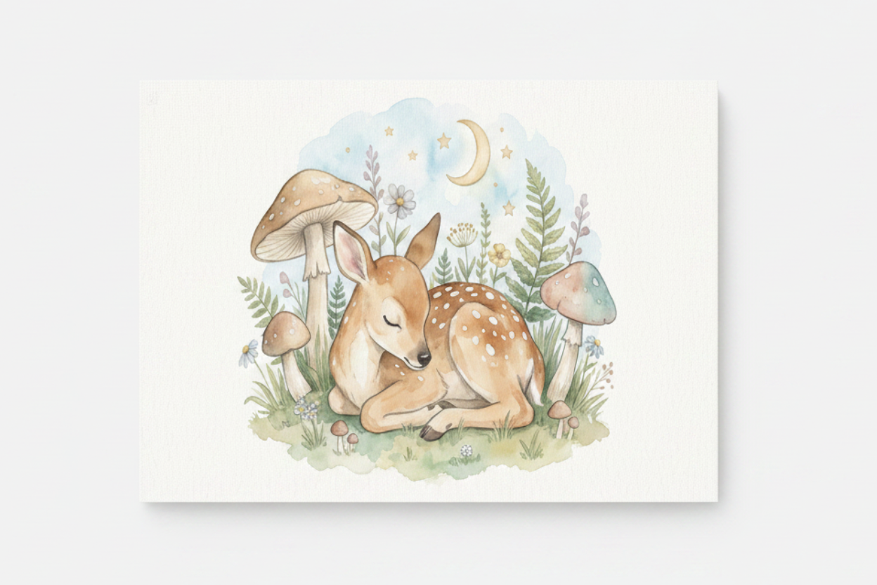 Sleeping baby fawn nursery canvas wall art flat lay on white background, overhead view - Portugal Canvas Co