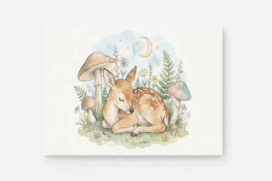 Sleeping baby fawn nursery canvas wall art flat lay on white background, overhead view - Portugal Canvas Co