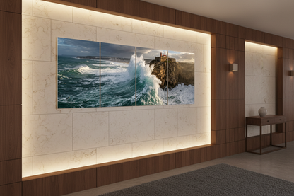 Four-panel coastal lighthouse canvas wall art in a luxury hotel corridor - Portugal Canvas Co