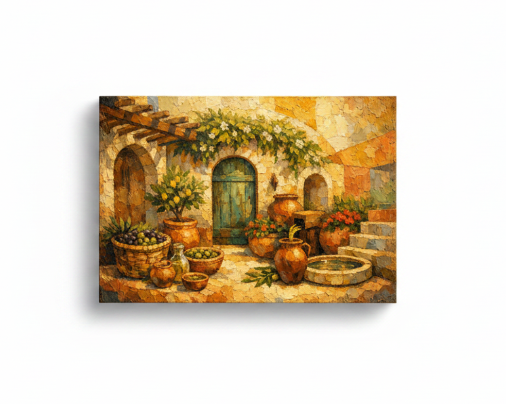 Mediterranean courtyard still life canvas wall art with terracotta pots and lemon tree on white background - Portugal Canvas Co