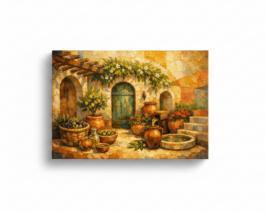 Mediterranean courtyard still life canvas wall art with terracotta pots and lemon tree on white background - Portugal Canvas Co