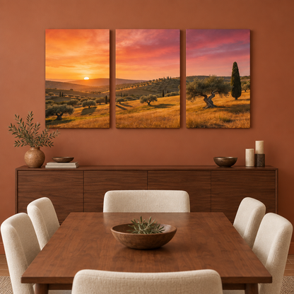 Mediterranean sunset olive grove triptych canvas in a terracotta dining room - Portugal Canvas Co
