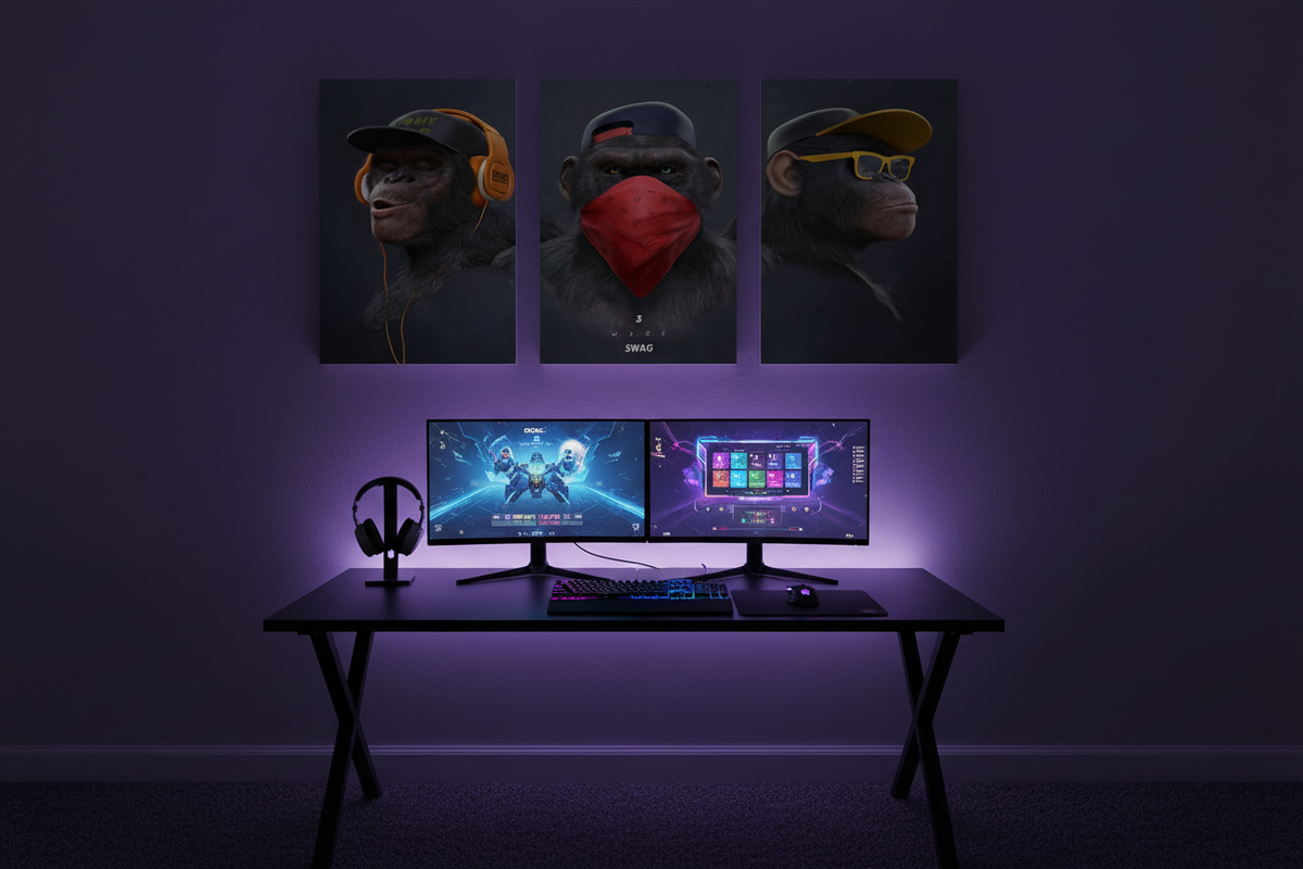 3 Wise Swag monkey triptych canvas prints above a gaming desk setup with dual monitors and purple RGB ambient lighting - Portugal Canvas Co