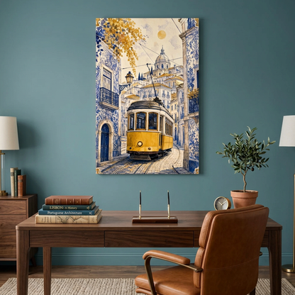 Yellow Lisbon tram canvas with blue tiled architecture in a teal home office - Portugal Canvas Co