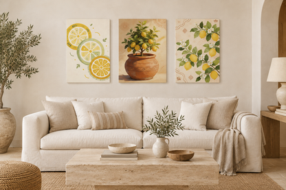 Three-piece Mediterranean lemon canvas set above a cream sofa in an ivory living room - Portugal Canvas Co