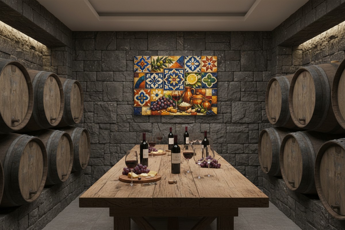Mediterranean mosaic still life canvas wall art in an upscale wine cellar tasting room with oak barrels - Portugal Canvas Co