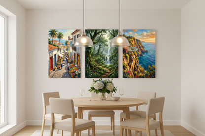 Azores Portugal coastal cliffs forest and village triptych canvas wall art set displayed in a bright modern dining room interior - Portugal Canvas Co