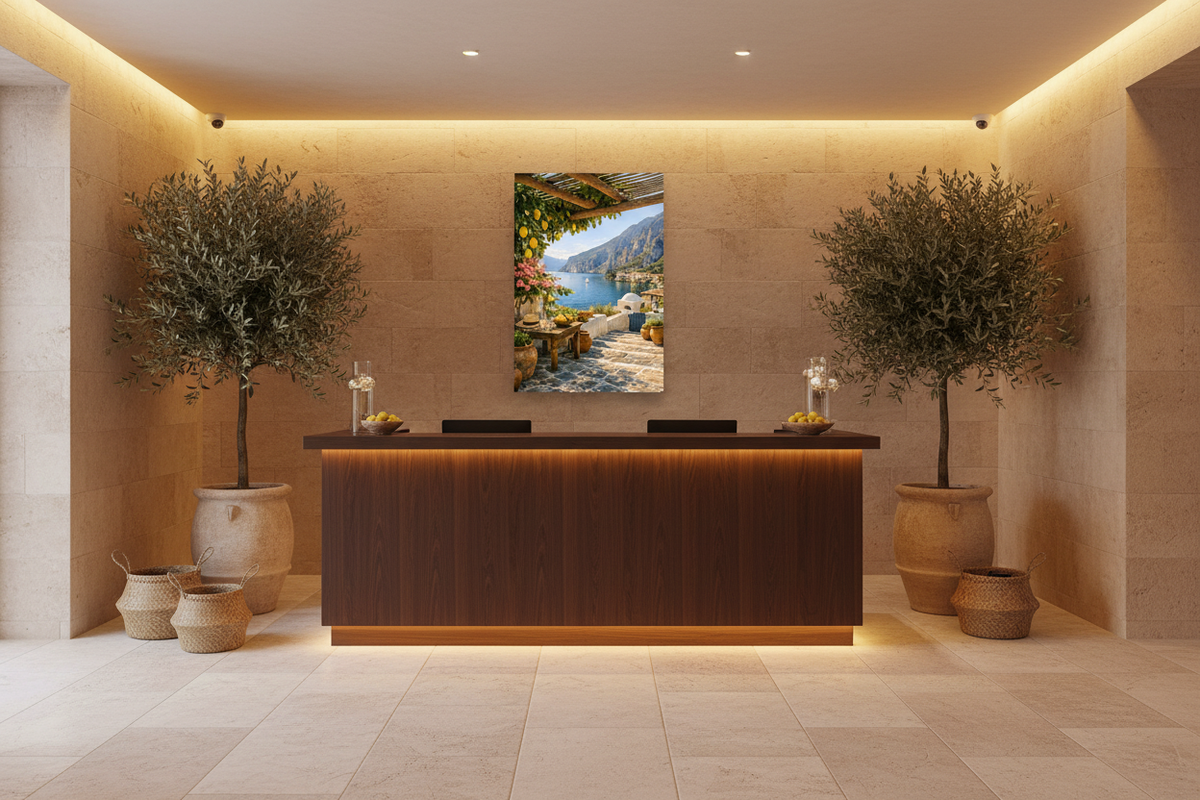 Mediterranean lemon terrace canvas wall art displayed above a hotel lobby reception desk with warm stone walls and ambient lighting - Portugal Canvas Co