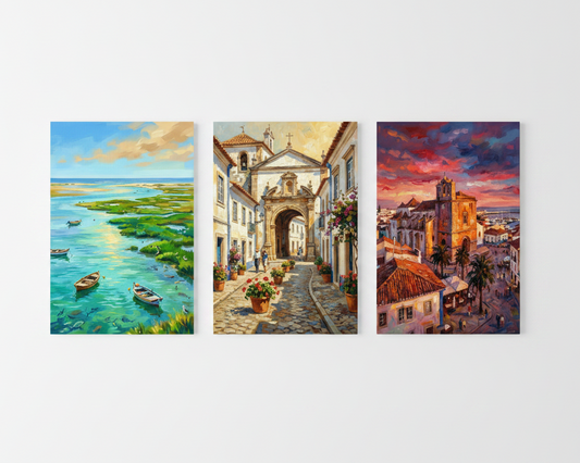 Faro Portugal triptych canvas wall art set with Ria Formosa old town and cathedral flat lay on white background - Portugal Canvas Co