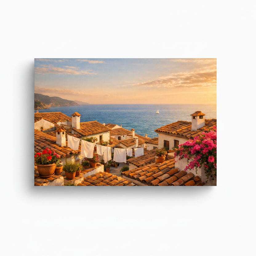Mediterranean rooftop village at sunset canvas wall art on white background - Portugal Canvas Co