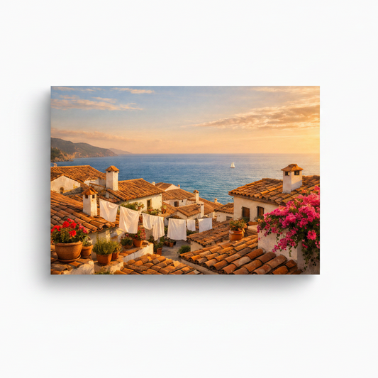 Mediterranean rooftop village at sunset canvas wall art on white background - Portugal Canvas Co
