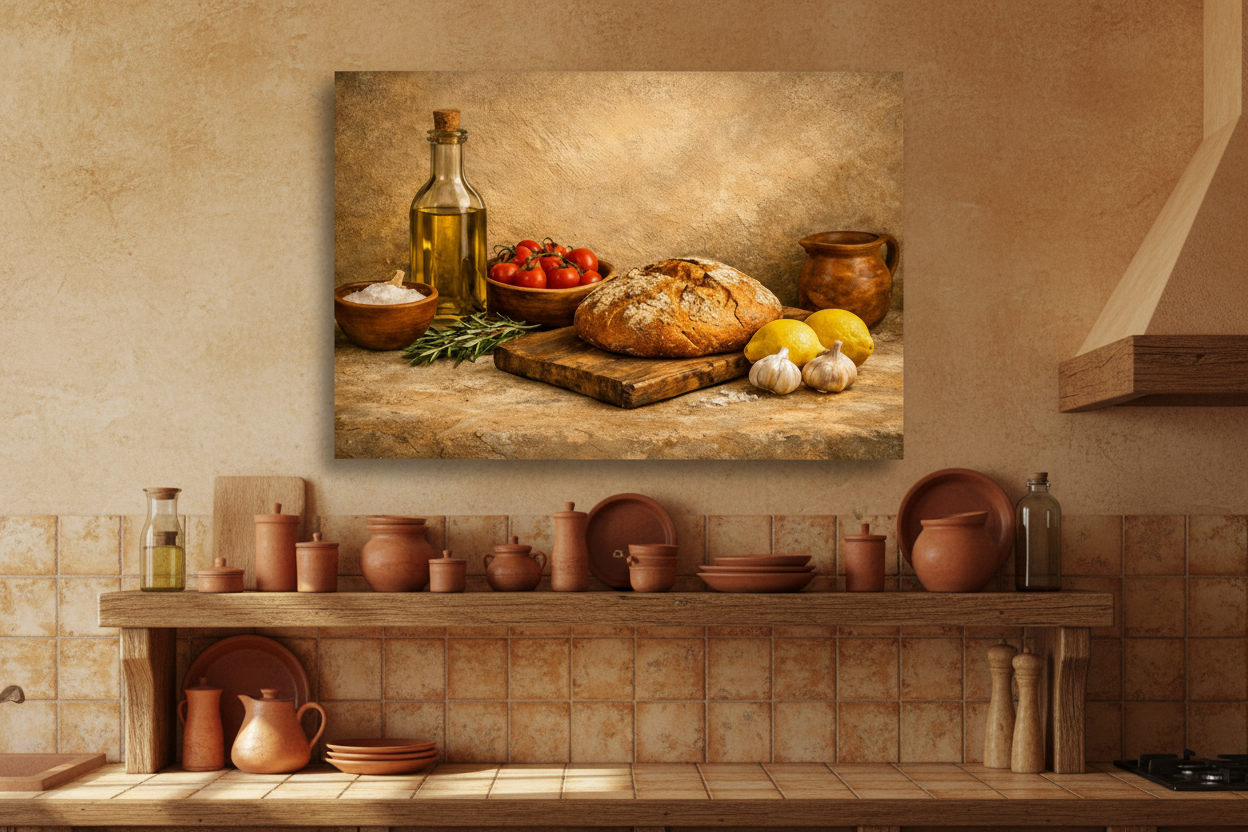 Rustic Mediterranean kitchen still life canvas wall art displayed in a warm rustic kitchen - Portugal Canvas Co