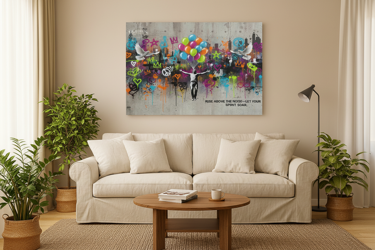 Rise above the noise let your spirit soar Banksy style canvas wall art displayed on the wall of a bright bohemian living room with cream sofa and warm ambient lighting - Portugal Canvas Co