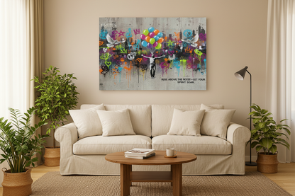Rise above the noise let your spirit soar Banksy style canvas wall art displayed on the wall of a bright bohemian living room with cream sofa and warm ambient lighting - Portugal Canvas Co