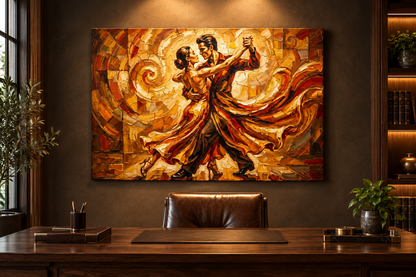 Golden dancing couple canvas displayed in a sophisticated home office - Portugal Canvas Co