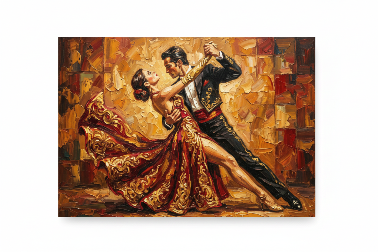 Golden Tango Embrace couples dance canvas wall art flat lay on white background top-down view - Portugal Canvas Co