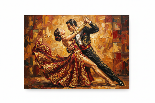 Golden Tango Embrace couples dance canvas wall art flat lay on white background top-down view - Portugal Canvas Co